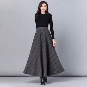 ANYOU 빅사이즈 슬림 체크 스커트 하이웨이스트 A라인 여성 가을 겨울 플레어 기모 롱스커트