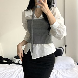 [핏강추/레이어드/2col] 리즌 일체형 뷔스티에 니트 셔츠 타이 머플러 세트